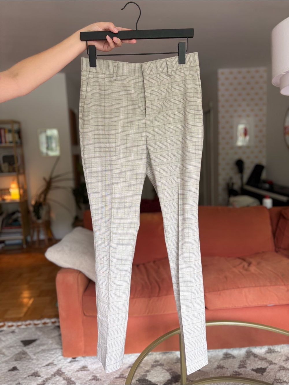 Slim Fit Plaid Dress Pants - Cream